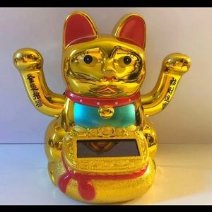 Japanese Solar gold Money Cat with 2 hands waving